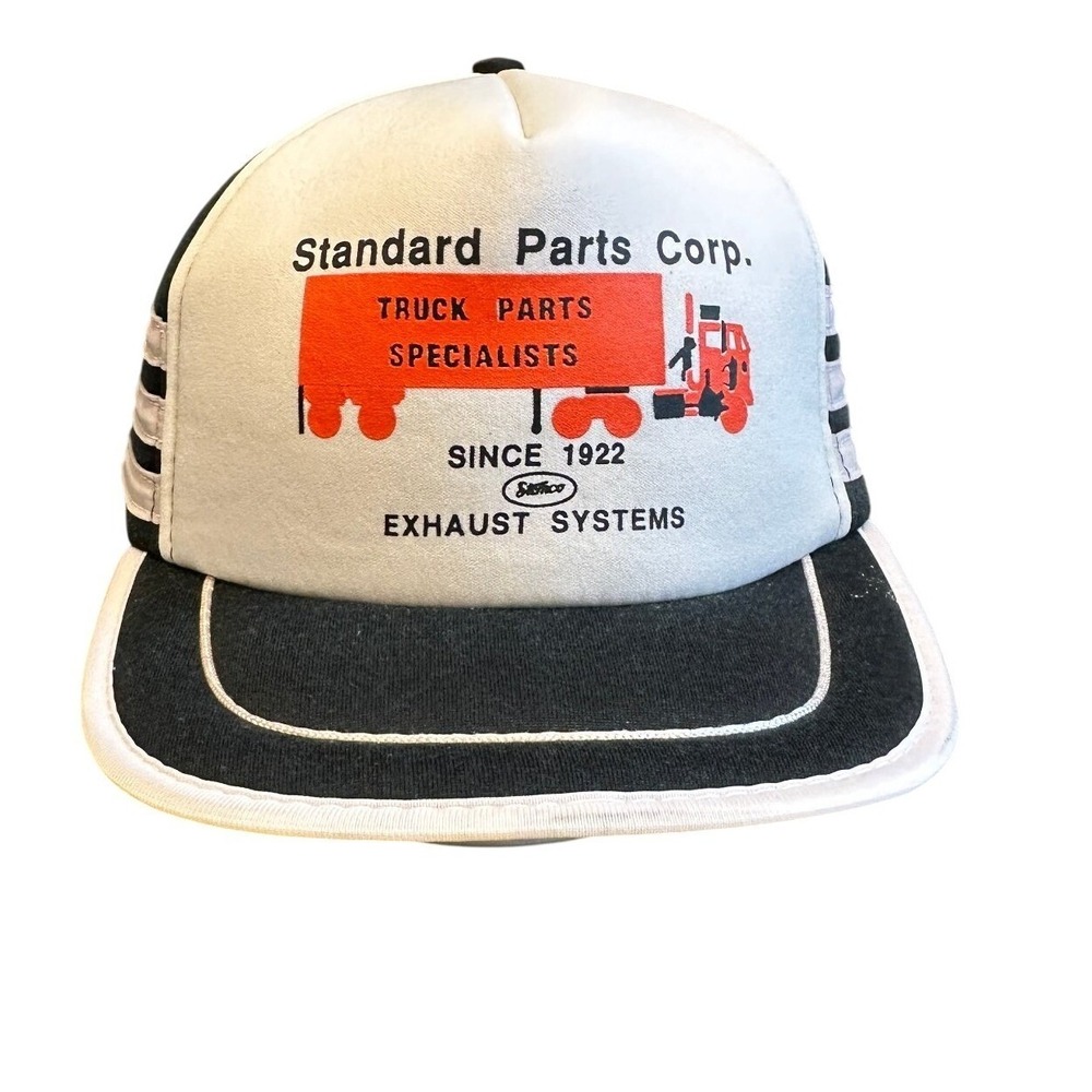 Vtg Standard Part Corp Pro San Sun 3 Stripe Trucker Hat Cap Snapback Black White